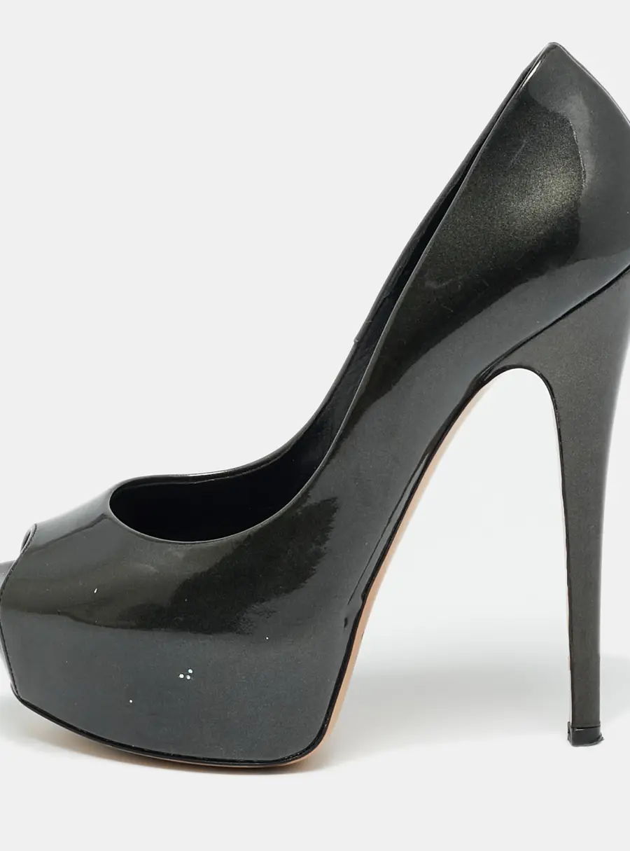 Casadei Size 36 Metallic Grey Patent Leather Peep Toe Pumps