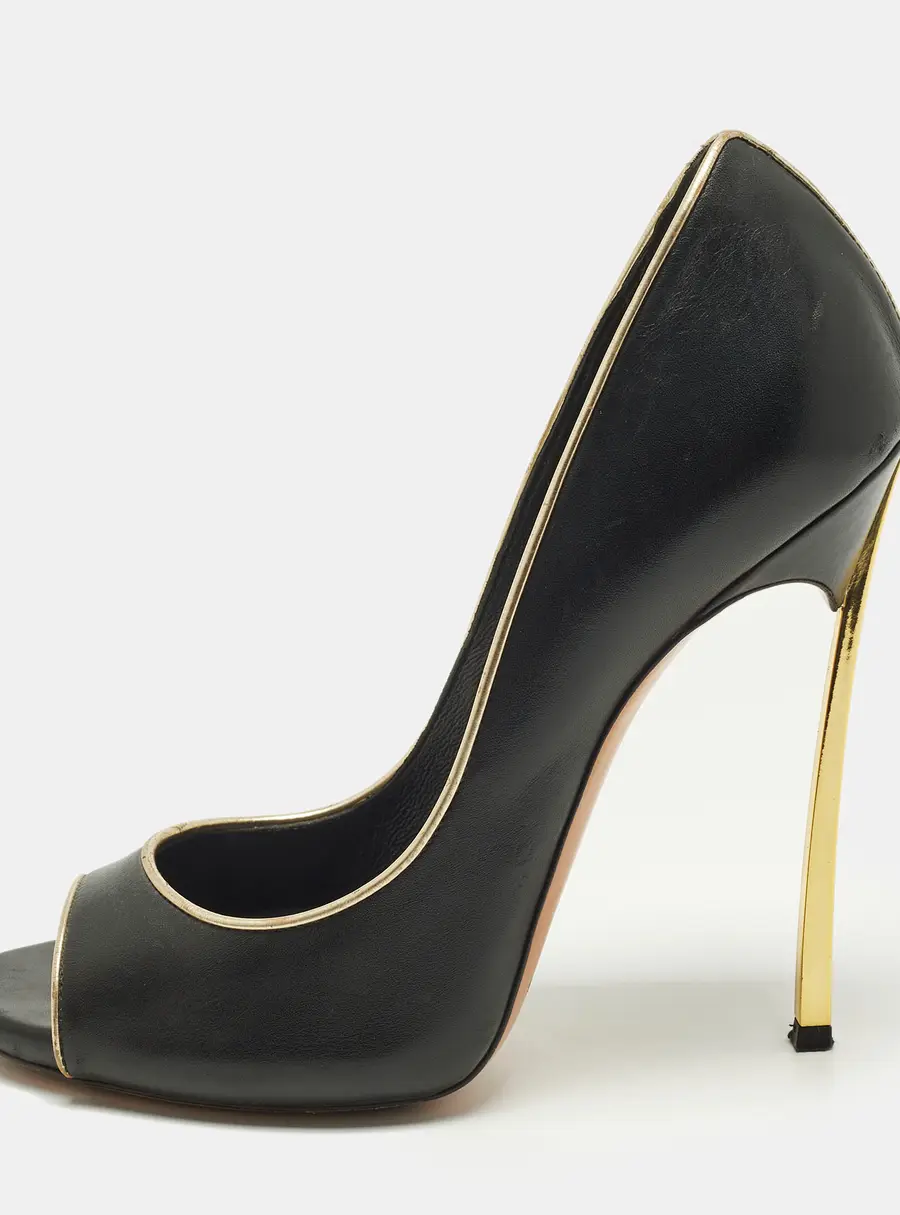 Casadei Blade Size 38 Black/Gold Leather Peep Toe Pumps
