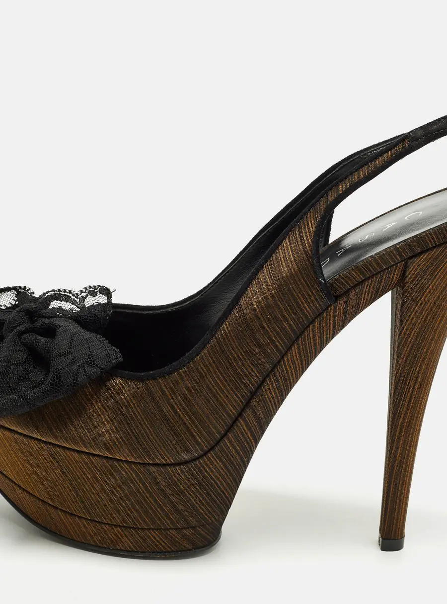 Casadei Bow Size 39 Gold/Black Fabric and Lace Platform Sandals