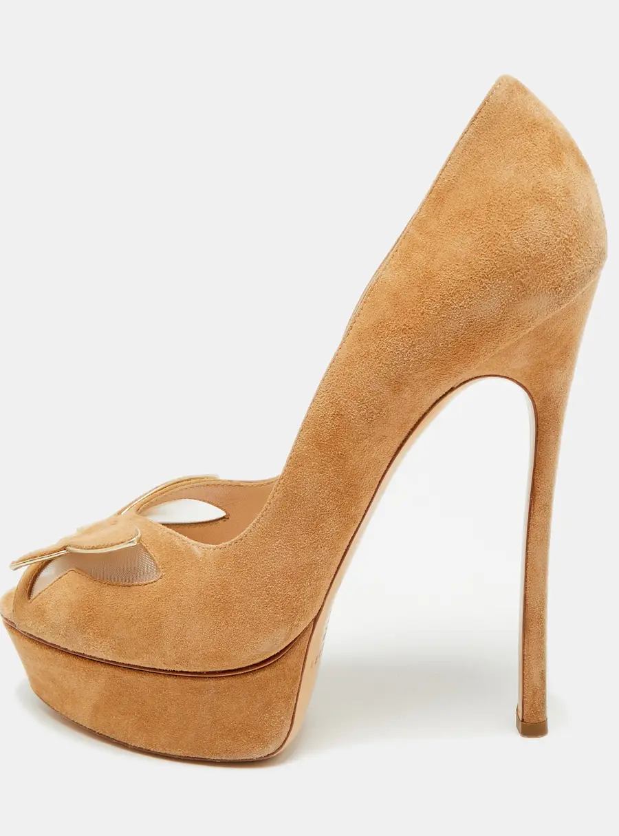 Casadei Size 40 Beige Suede Butterfly Platform Peep Toe Pumps