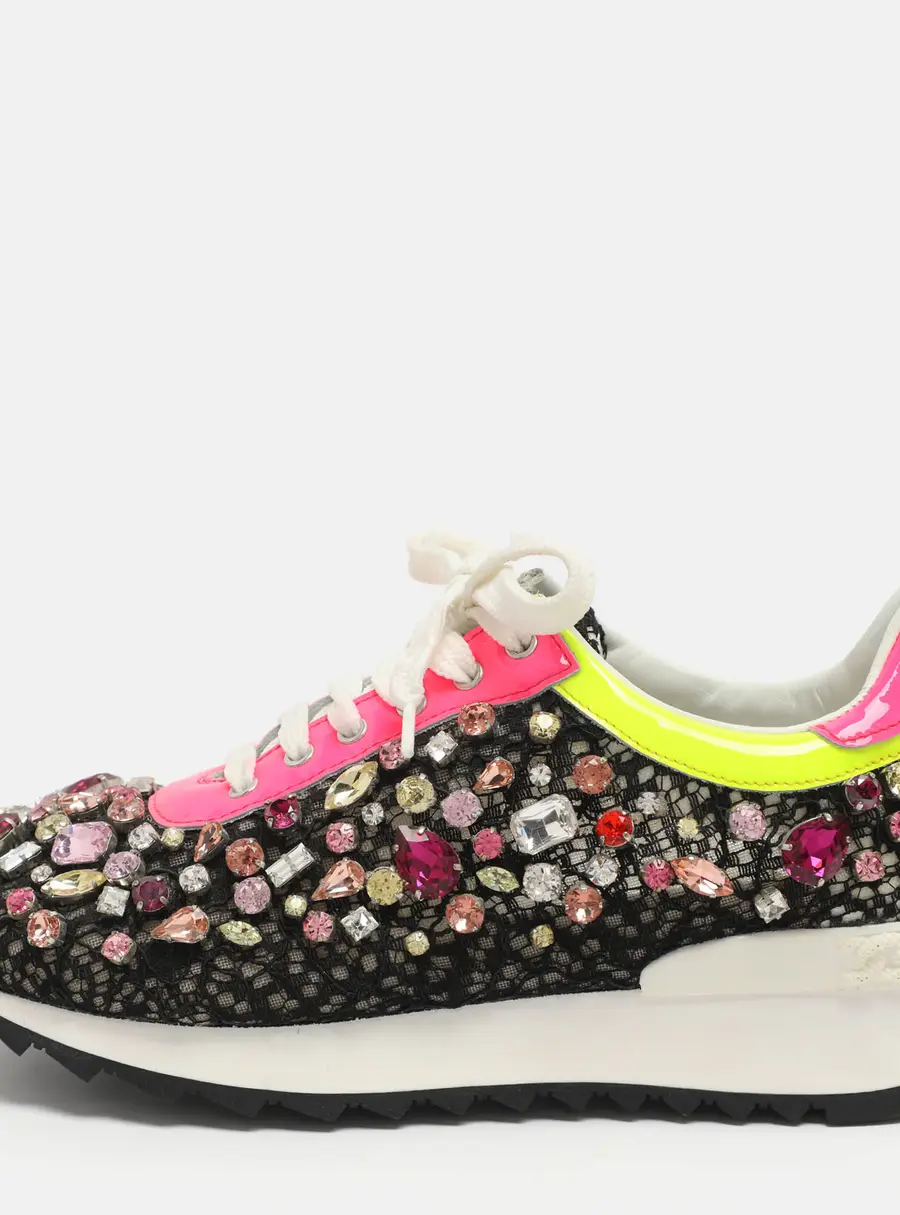 Casadei Size 37 Multicolor Crystals and Lace Low Top Sneakers
