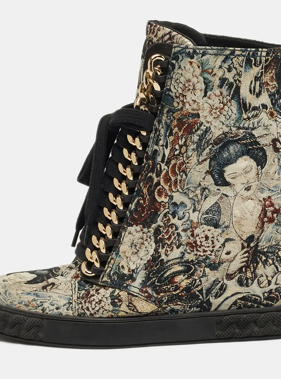 Casadei Size 39 Multicolor Printed Brocade Fabric Chain Link Lace Up Wedge Sneakers