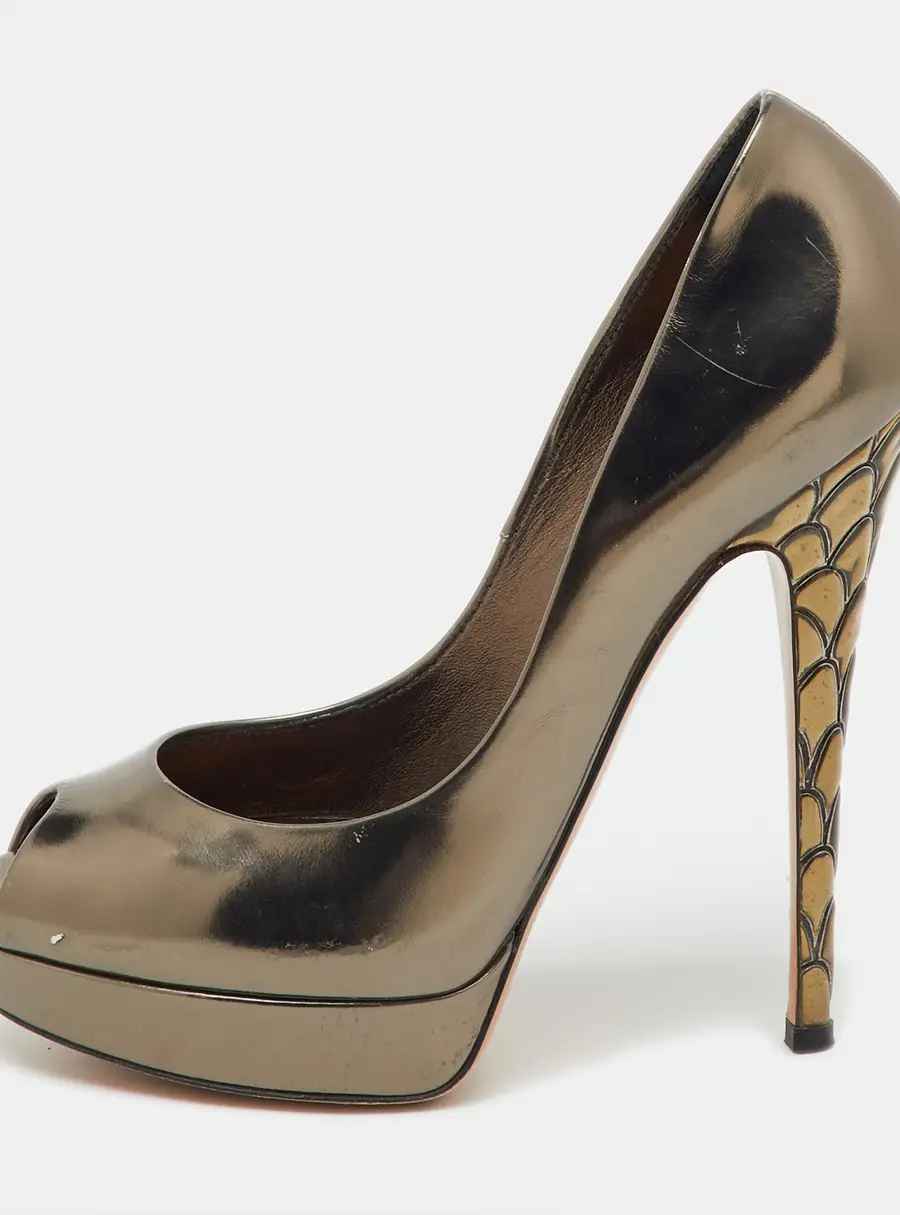 Casadei Dark Grey Leather Barbarella Platform Peep Toe Pumps Size 37.5