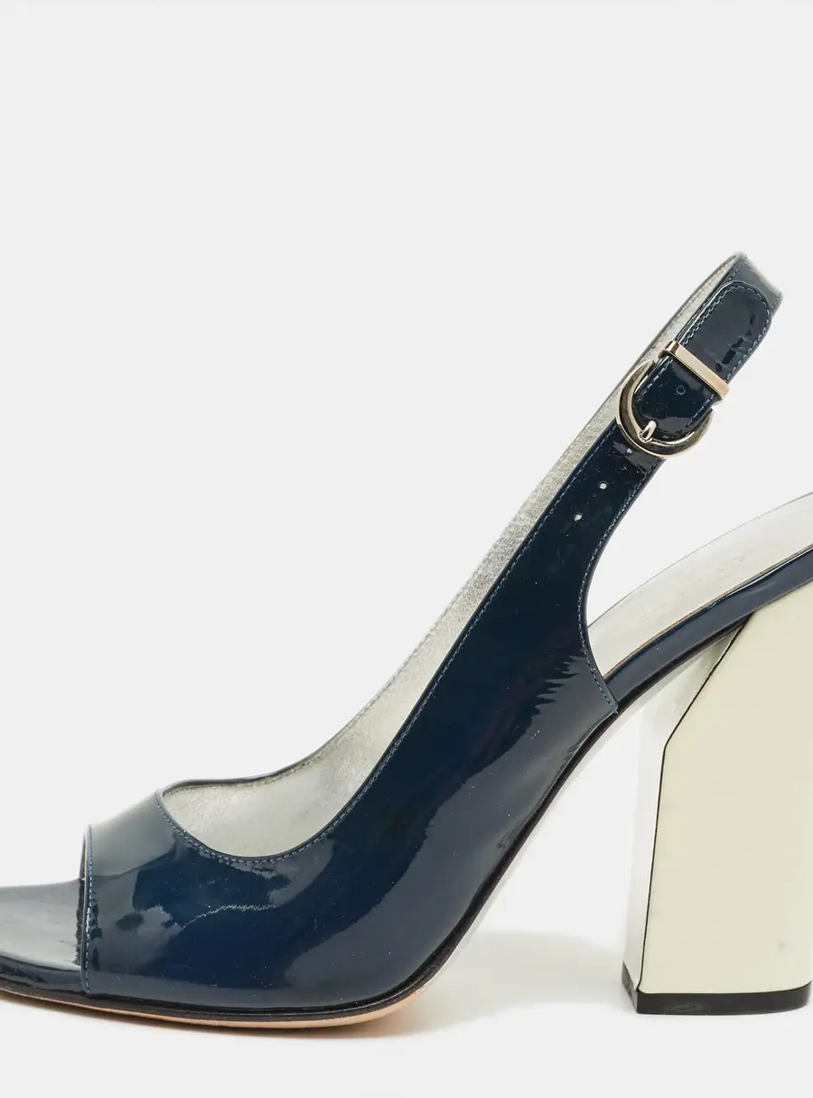 Casadei Navy Blue Patent Leather Open Toe Slingback Pumps Size 38