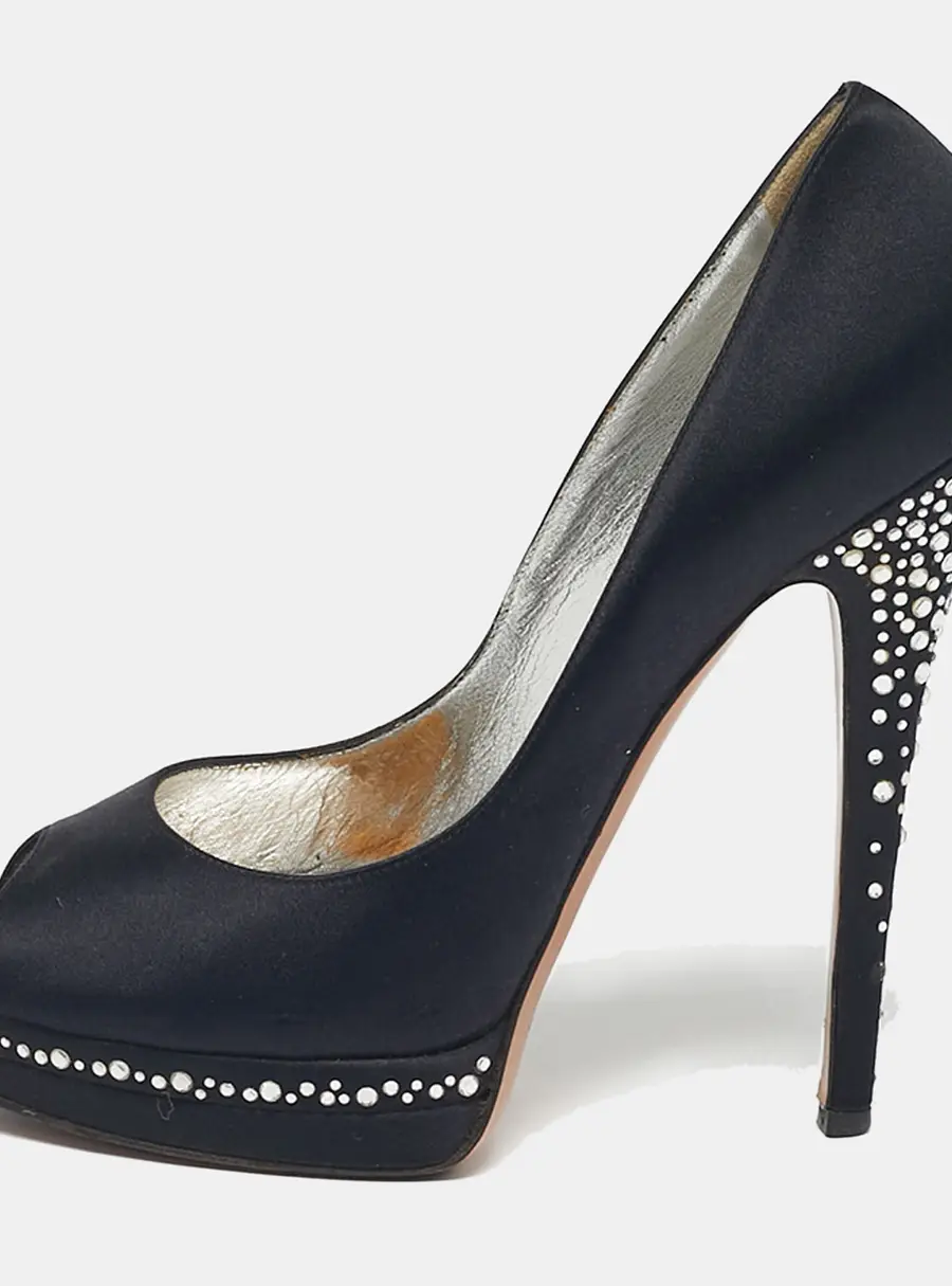 Casadei Black Satin Crystal Embellished Peep Toe Pumps Size 37.5