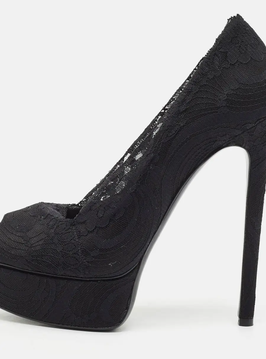 Casadei Size 37.5 Black Lace and Satin Platform Pumps