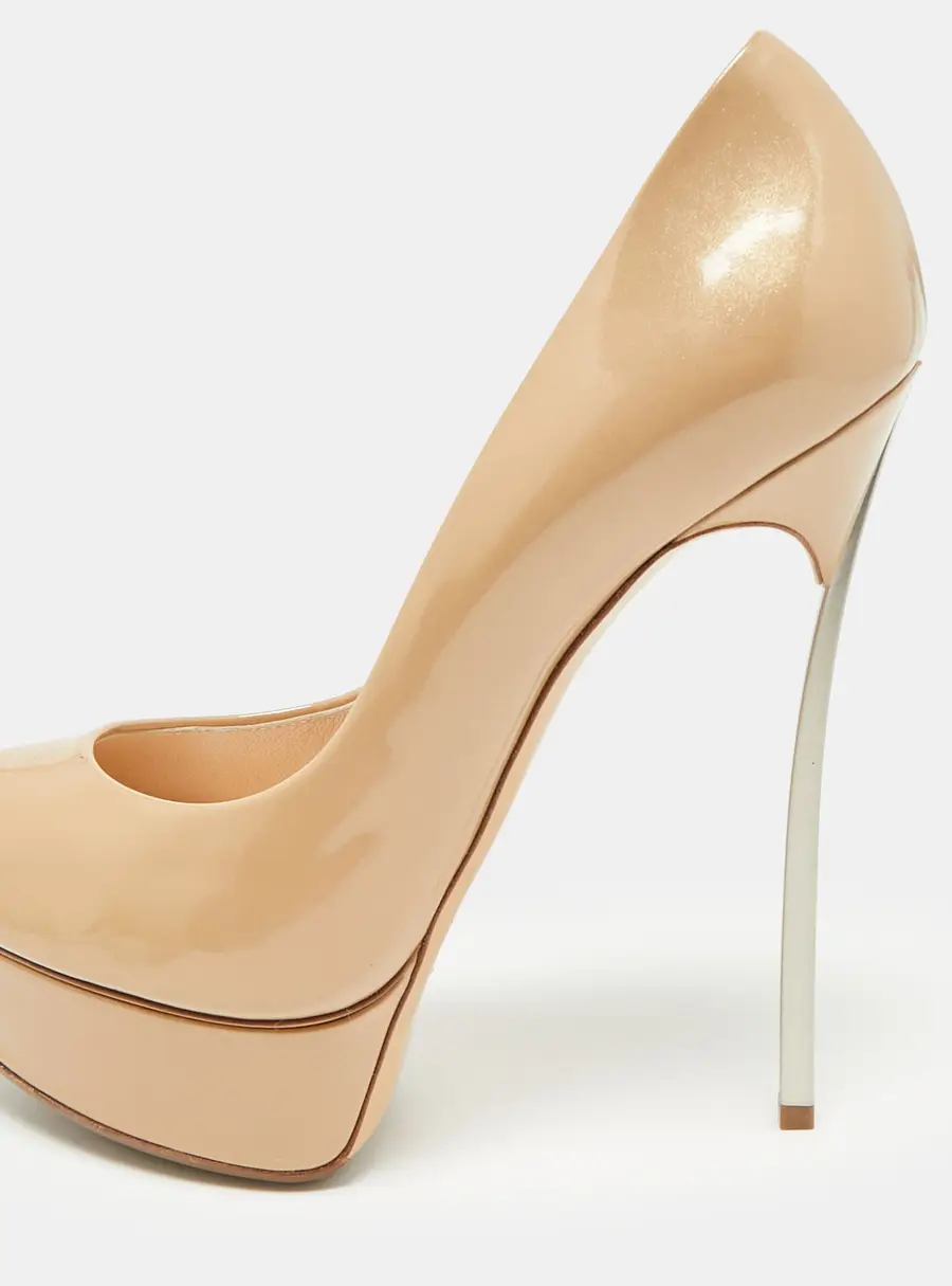 Casadei Blade Size 36.5 Beige Patent Leather Peep Toe Pumps