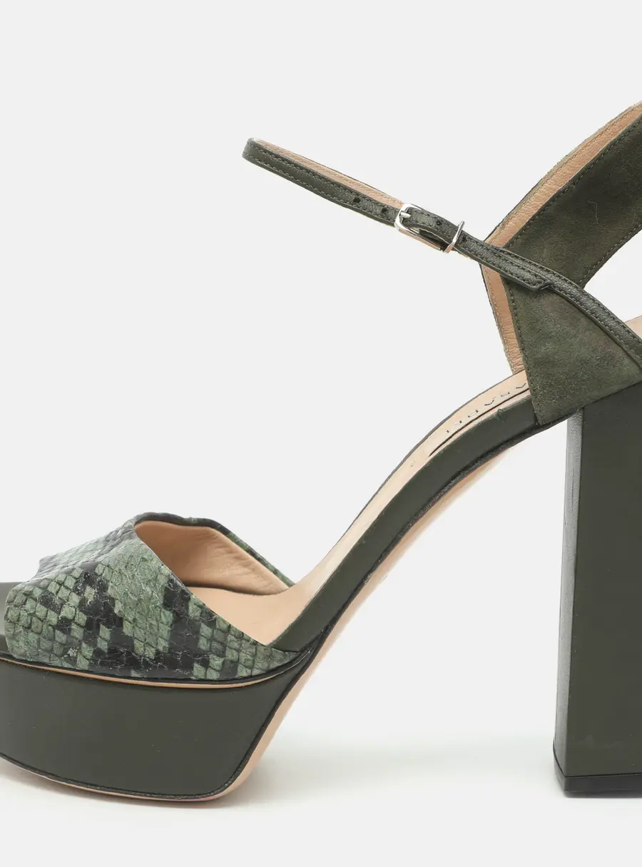 Casadei Size 38 Green Snake Print Leather and Suede Ankle Strap Platform Sandals