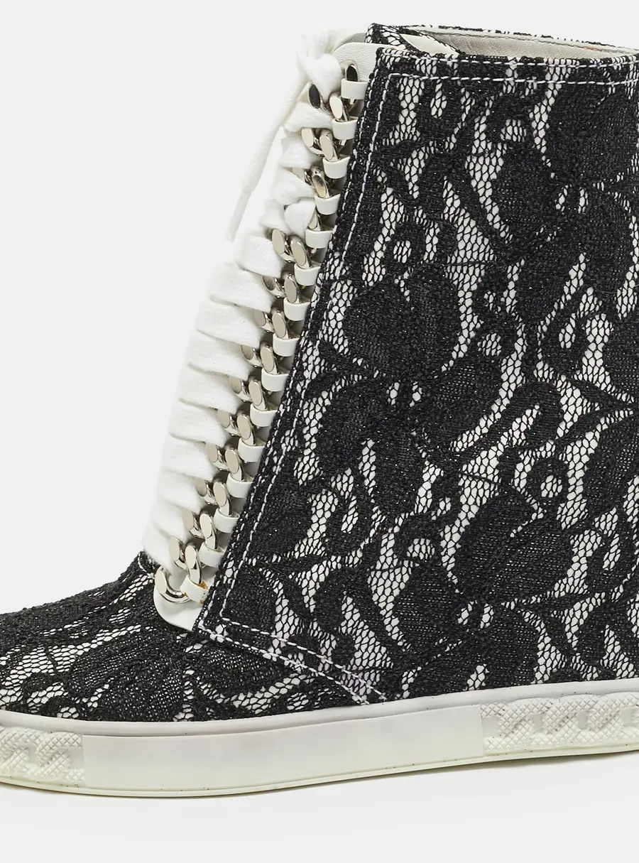 Casadei Size 38.5 Black Lace and Leather Wedge Sneakers