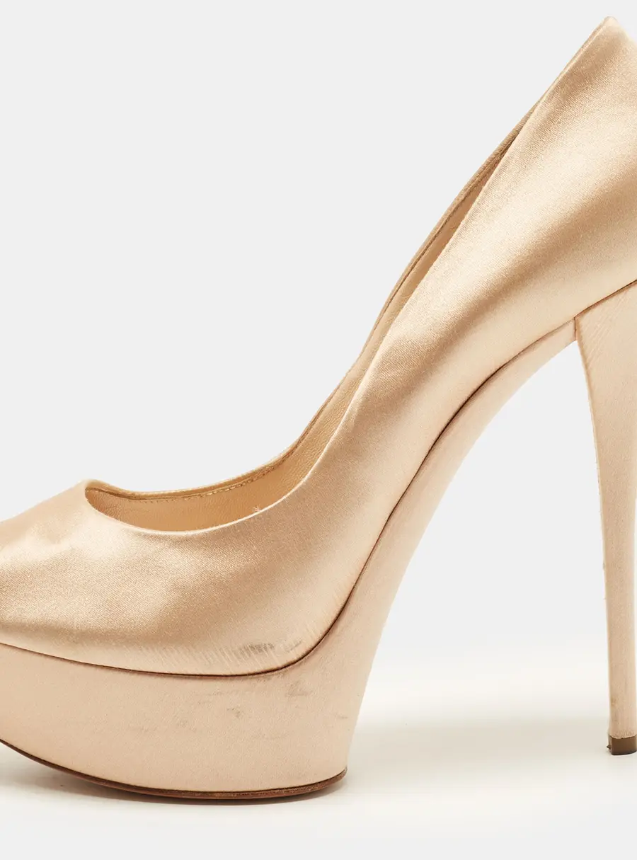 Casadei Size 41 Beige Satin Platform Peep Toe Pumps