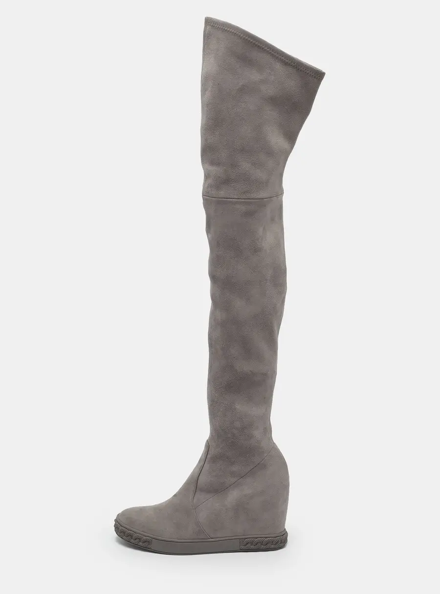 Casadei Size 38.5 Grey Suede Wedge Knee Length Boots