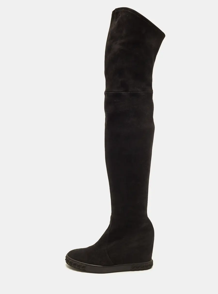 Casadei Size 38 Black Suede Wedge Knee Length Boots