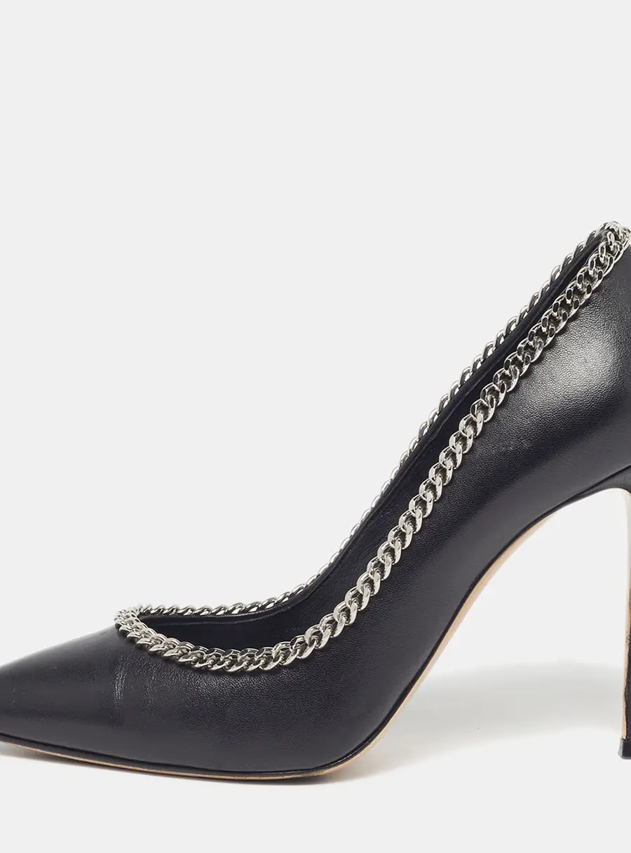 Casadei Blade Size 38 Black Leather Braided Chain Pointed Toe Pumps