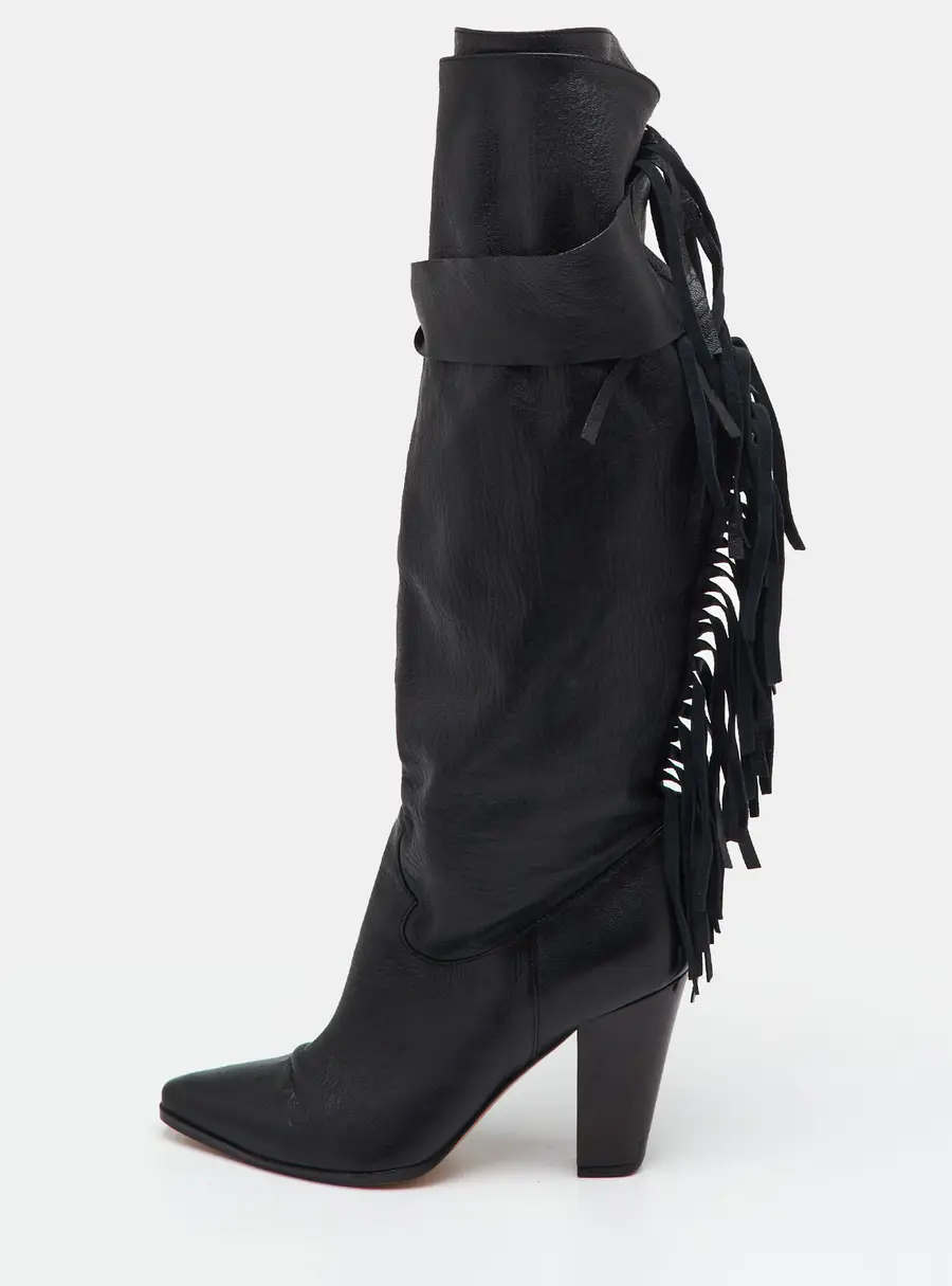 Casadei Size 36.5 Black Leather Fringe Detail Knee Length Boots