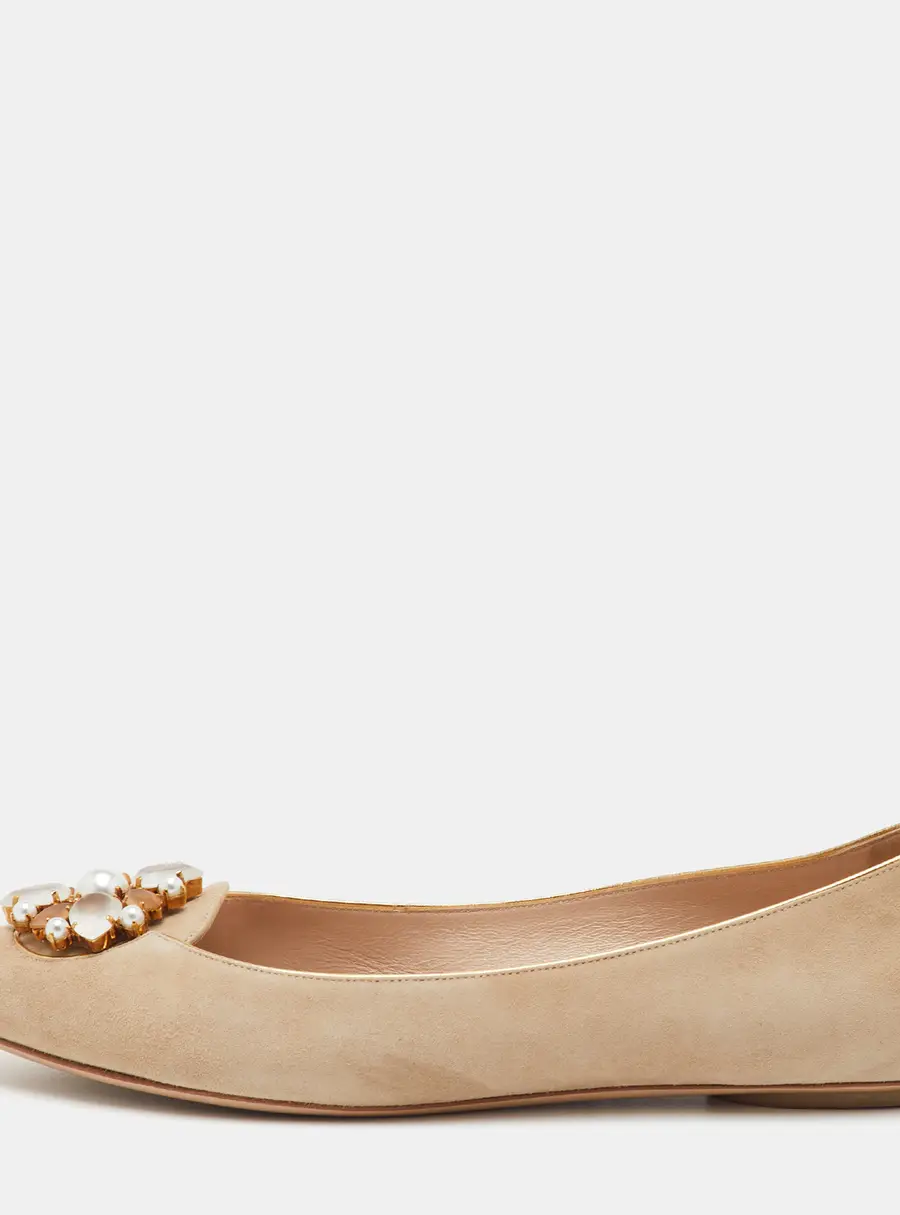 Casadei Size 39 Beige Suede Crystal Embellished Pointed Toe Ballet Flats