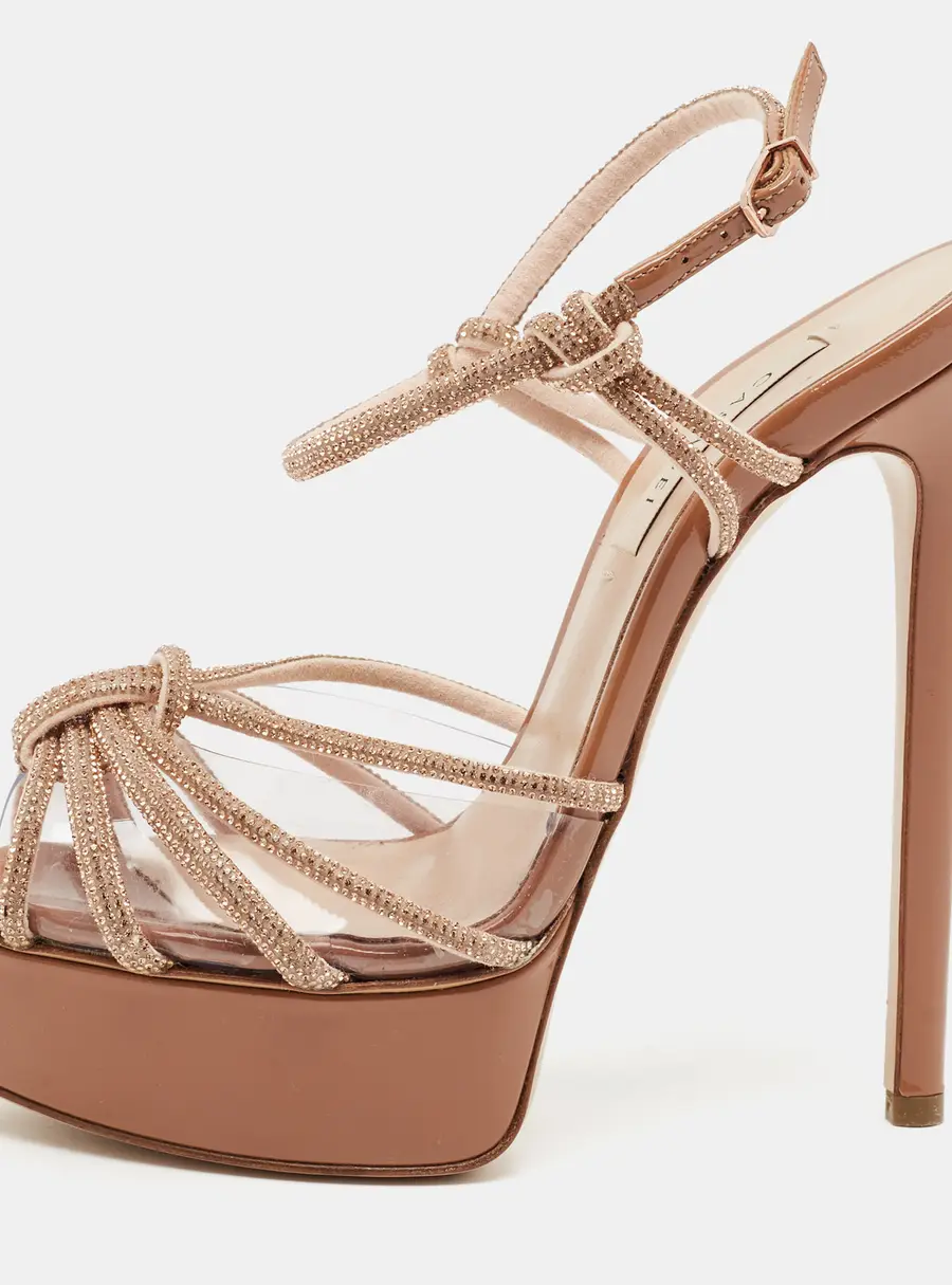Casadei C+C Size 36 Beige PVC and Suede Crystal Embellished Ankle Strap Sandals