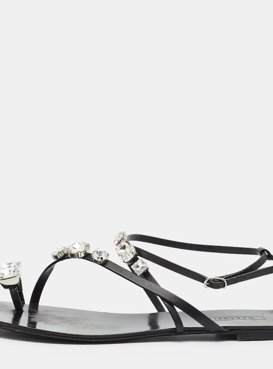 Casadei Size 41 Black Leather Crystal Embellished Ankle Strap Flat Sandals