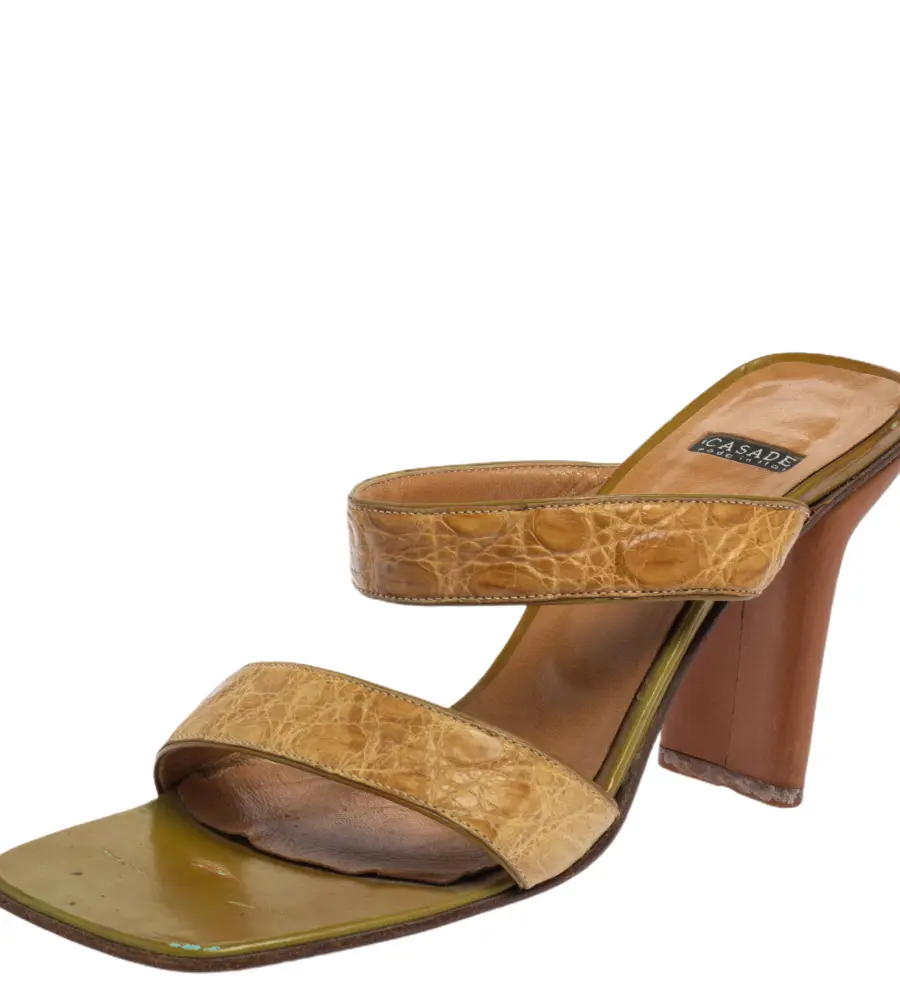 Casadei Beige Croc Embossed Leather Square Toe Slide Sandals Size 37