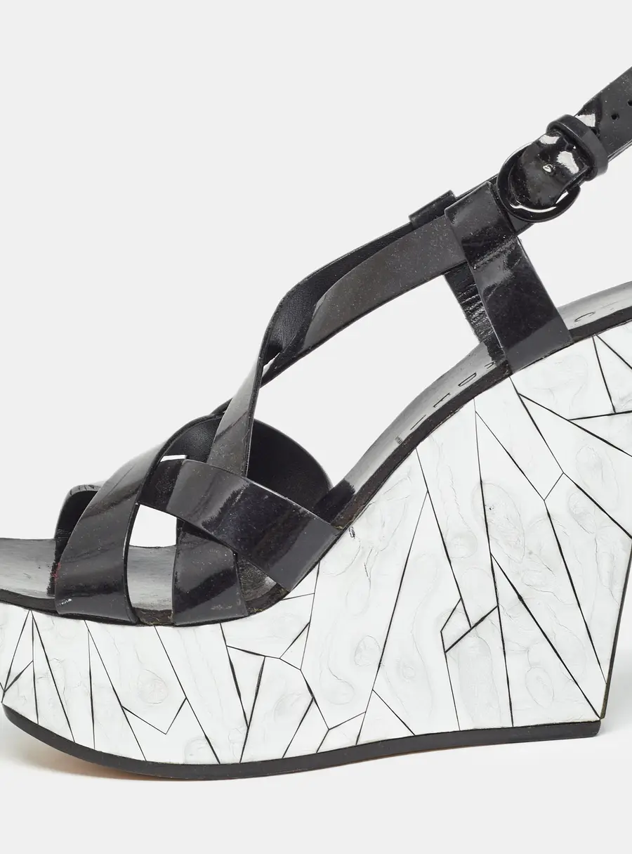 Casadei Black/Silver Patent Leather Mirrored Crack Wedge Sandals Size 40