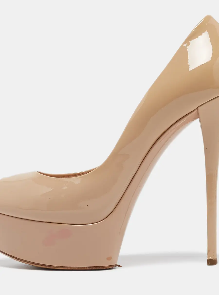 Casadei Beige Patent Leather Platform Peep Toe Pumps Size 39.5