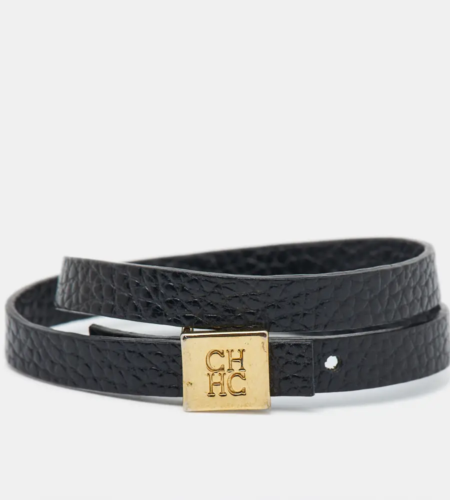 Carolina Herrera CH Black Leather Gold Tone Wrap Bracelet