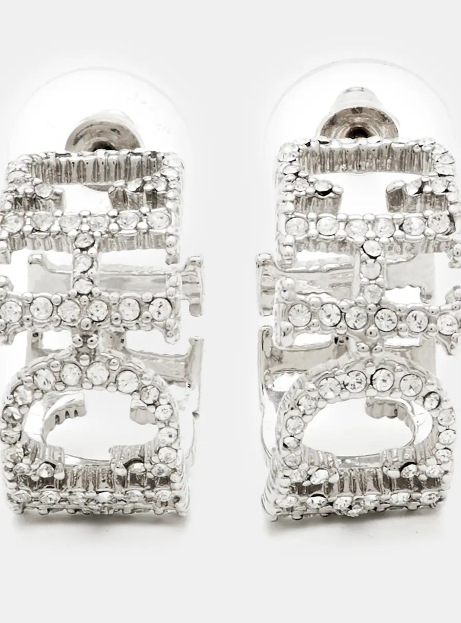 Carolina Herrera CH Crystal Studded Logo Silver Tone Hoop Earrings