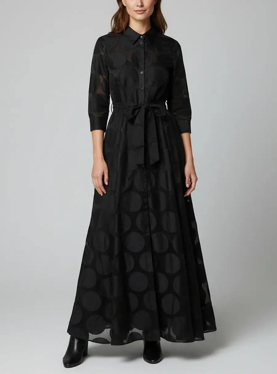 Carolina Herrera Black Polka Dot Organza Jacquard Collared Long Gown M