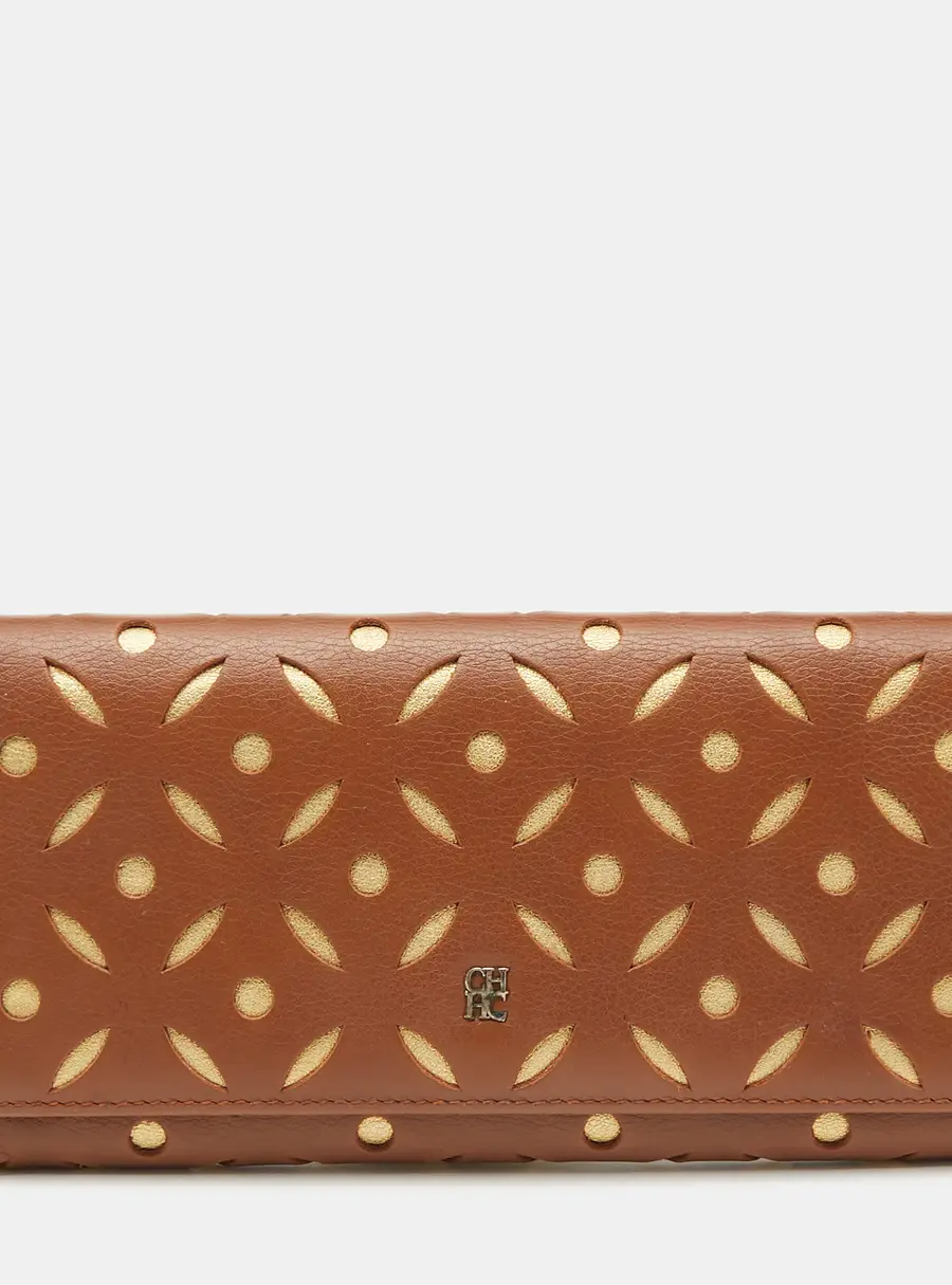 Carolina Herrera Brown/Gold Leather Lasercut Flap Continental Wallet
