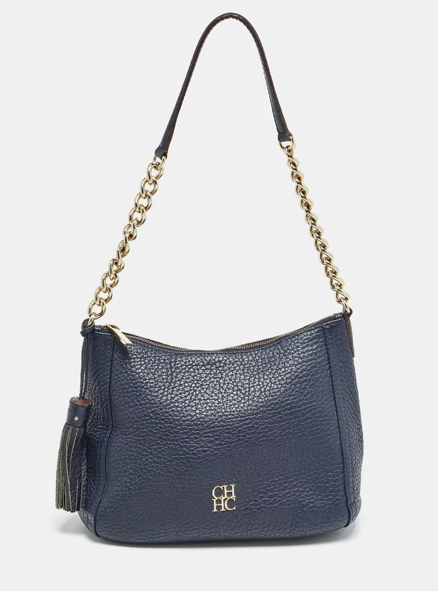Carolina Herrera Navy Blue Leather Maria Tassel Hobo