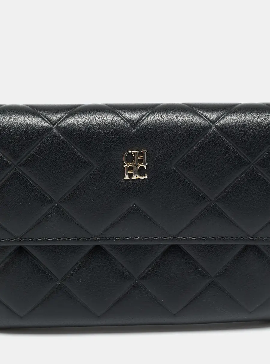 Carolina Herrera Black Quilted Leather Flap Compact Wallet