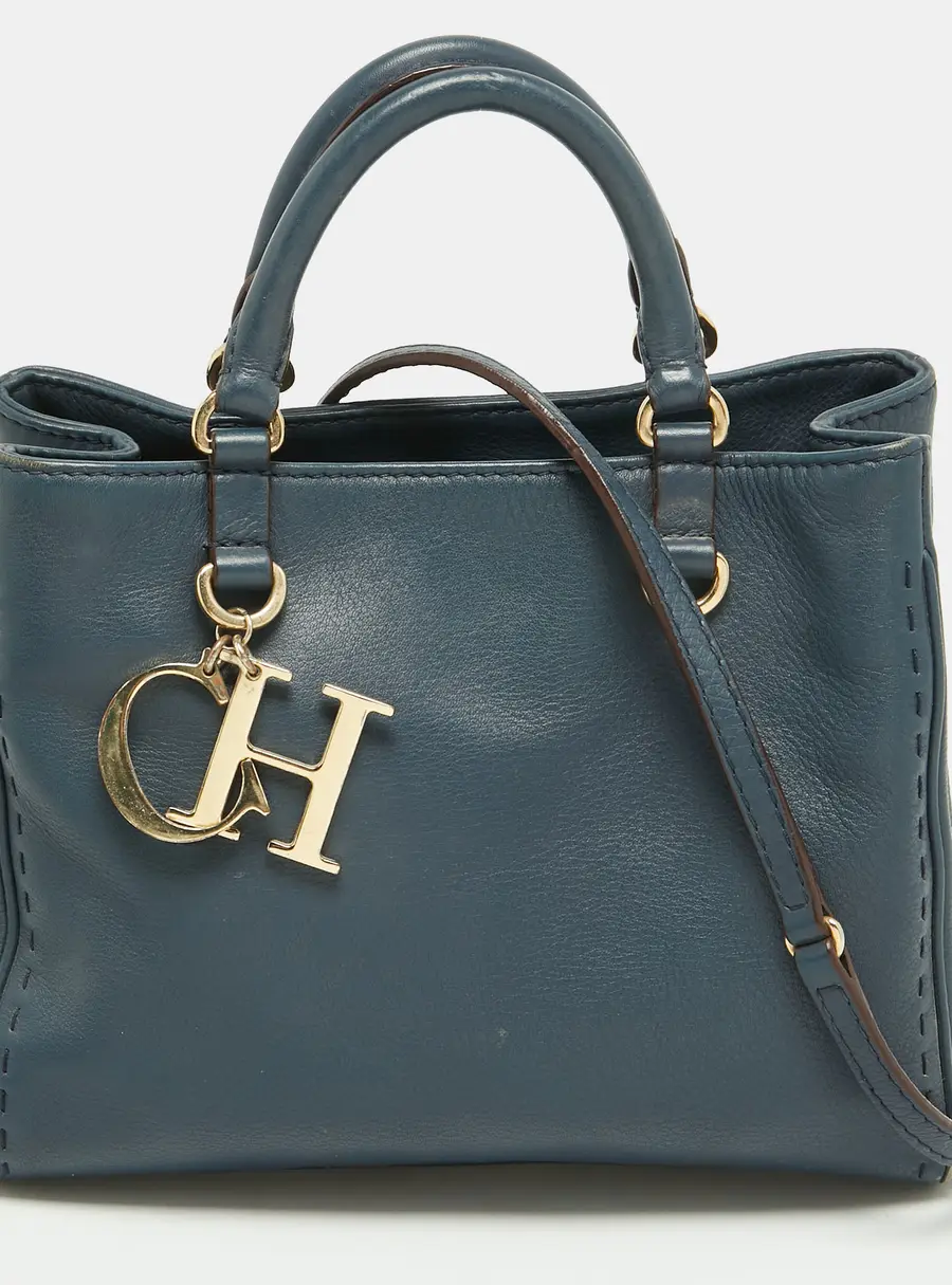 Carolina Herrera Charm Navy Blue Leather Tote