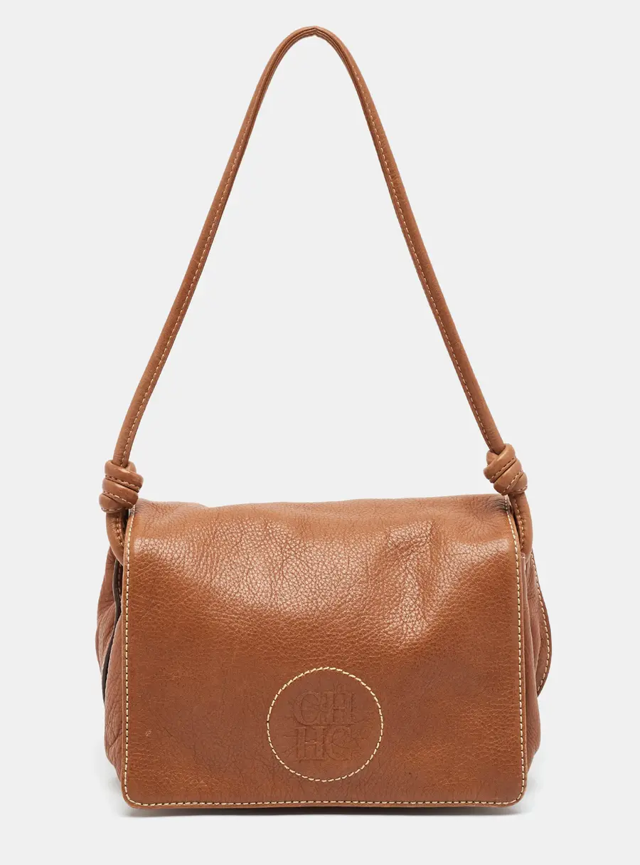 Carolina Herrera Logo Embossed Flap Brown Leather Shoulder Bag