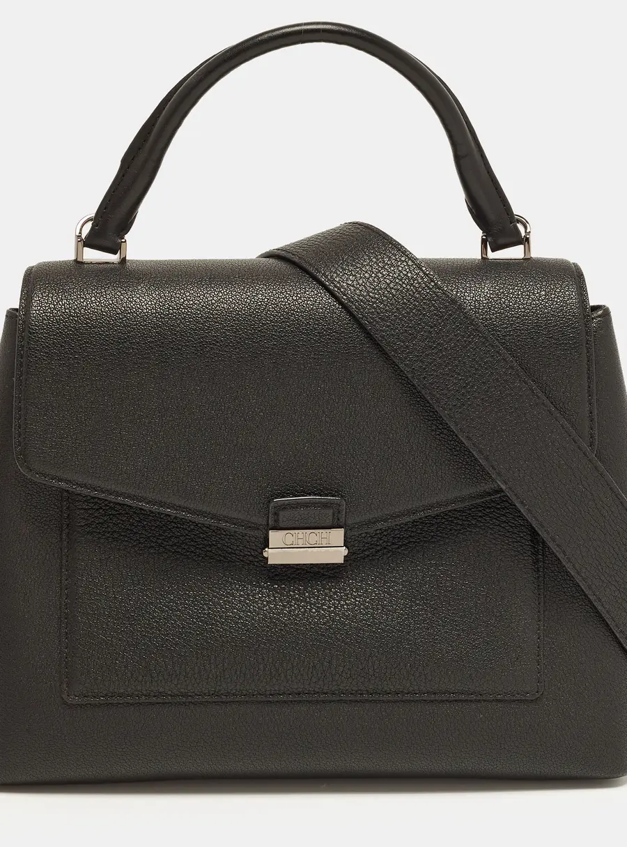 Carolina Herrera Logo Flap Black Leather Top Handle Bag