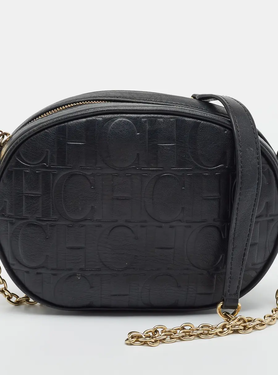 Carolina Herrera Black Monogram Embossed Leather Chain Bag