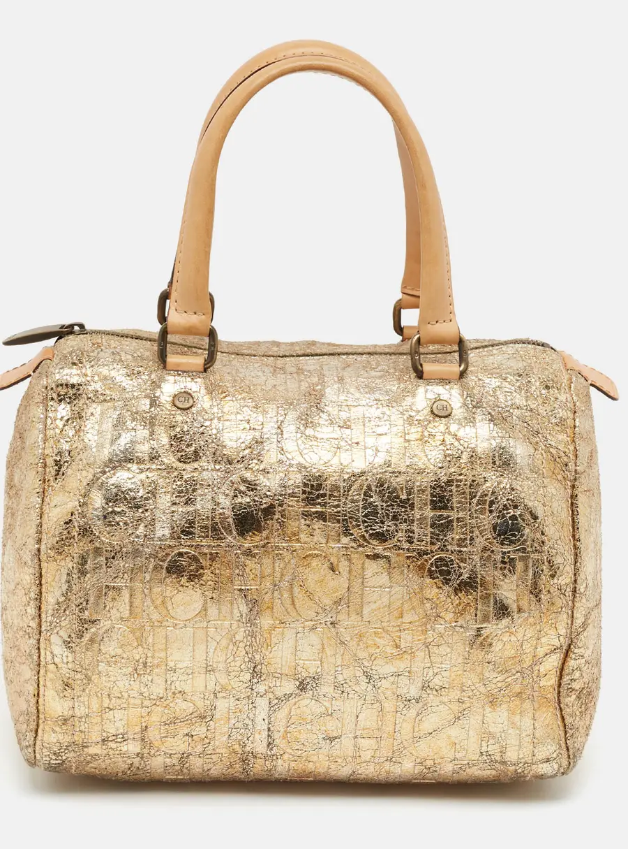 Carolina Herrera Andy Gold Monogram Embossed Crackled Patent Leather Boston Bag