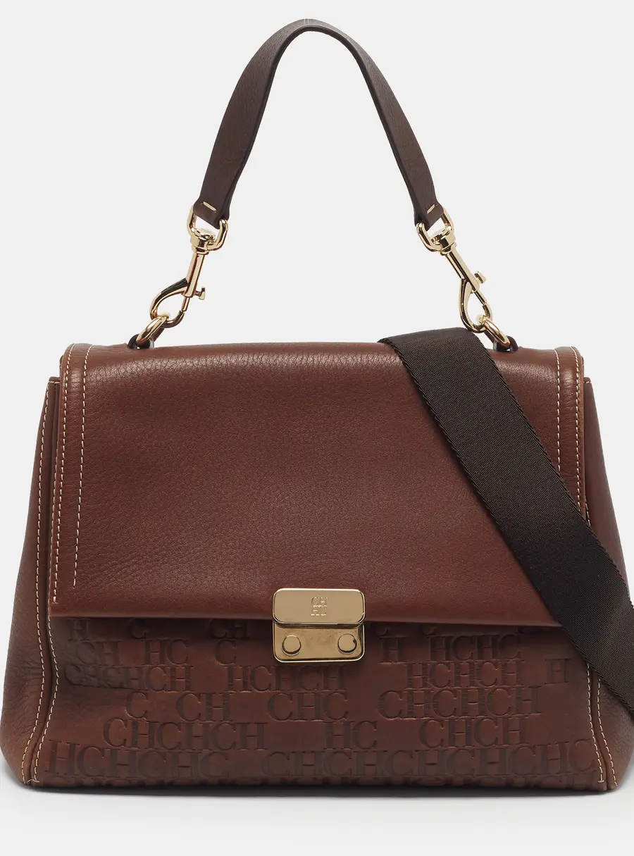 Carolina Herrera Baret Brown Monogram Embossed Leather Top Handle Bag