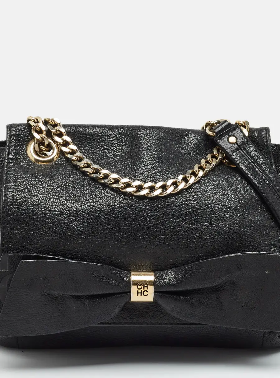 Carolina Herrera Audrey Black Monogram Embossed Leather Shoulder Bag