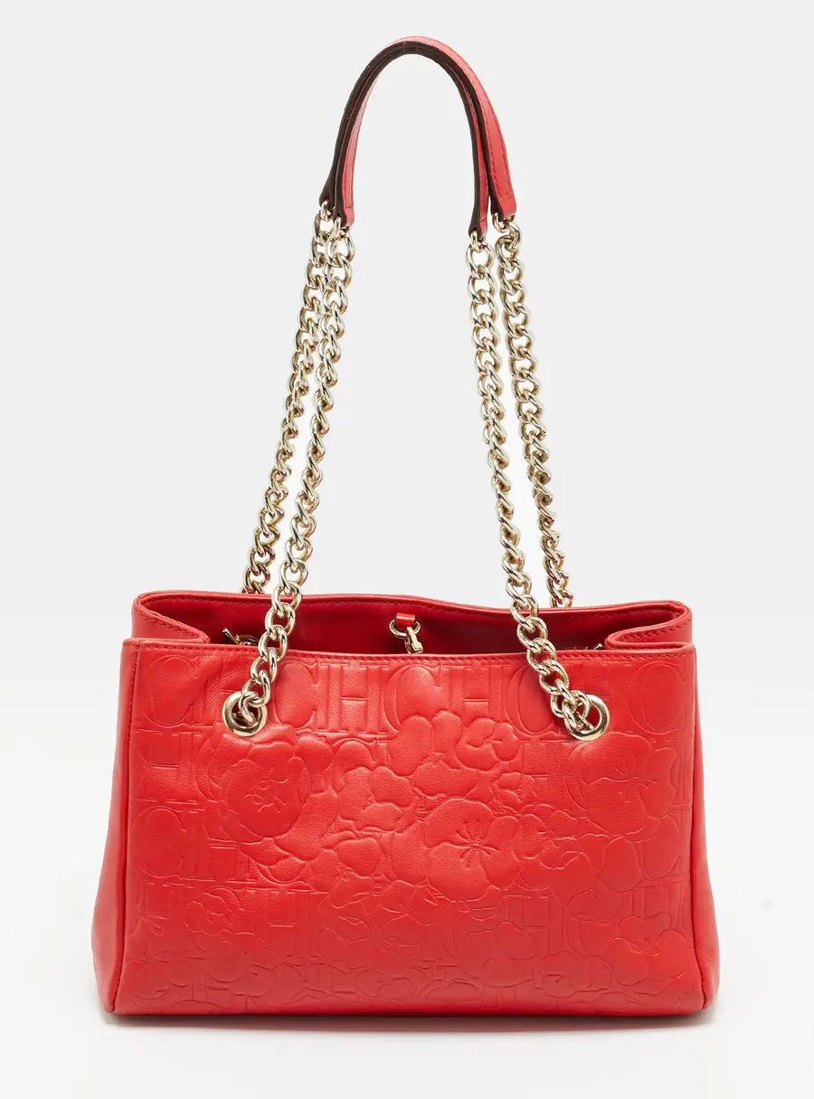 Carolina Herrera Embossed Chain Red Leather Tote