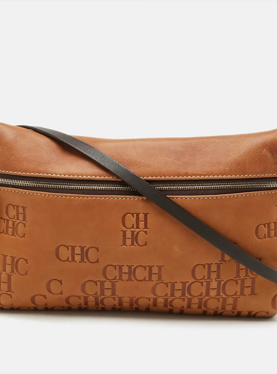 Carolina Herrera Tan/Brown Monogram Embossed Leather Slim Crossbody Bag