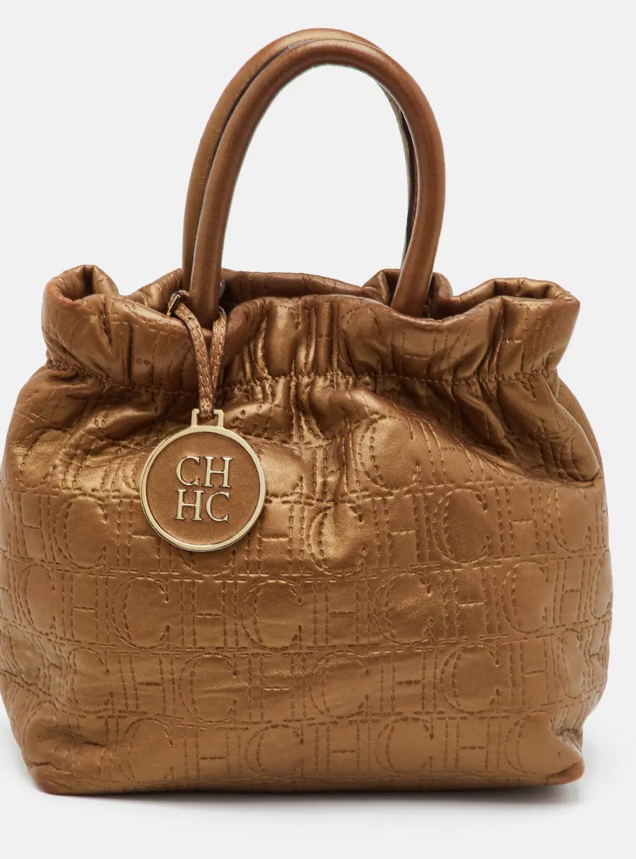 CH Carolina Herrera Metallic Gold Monogram Leather Bucket Bag