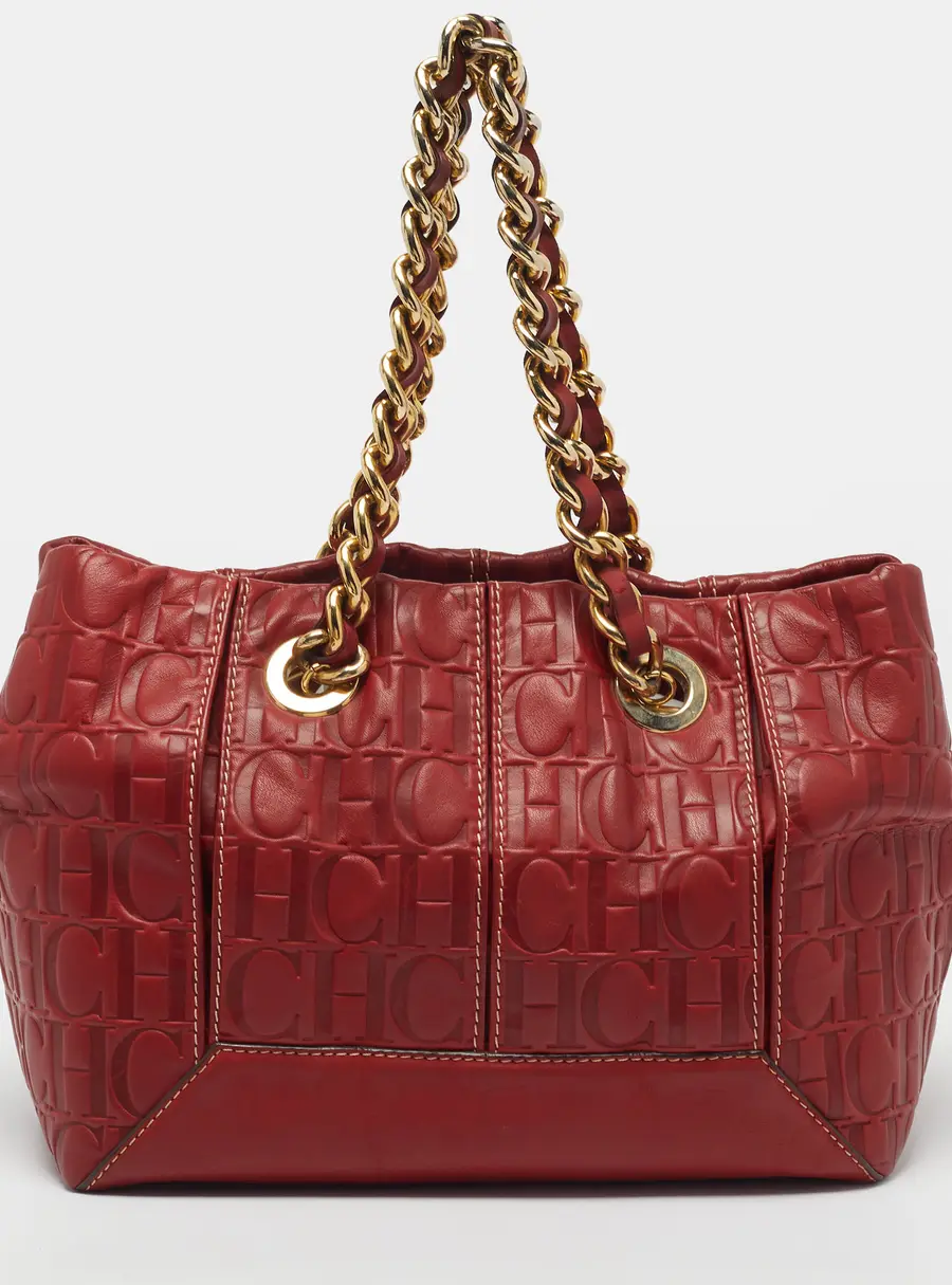 Carolina Herrera Chain Red Monogram Embossed Leather Tote