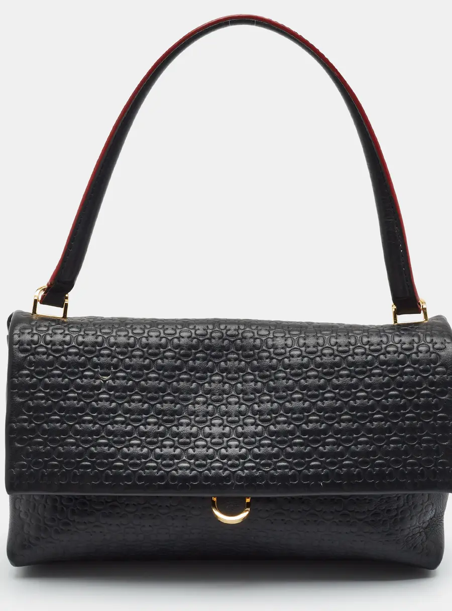 Carolina Herrera Camelot Medium Black Monogram Embossed Leather Top Handle Bag