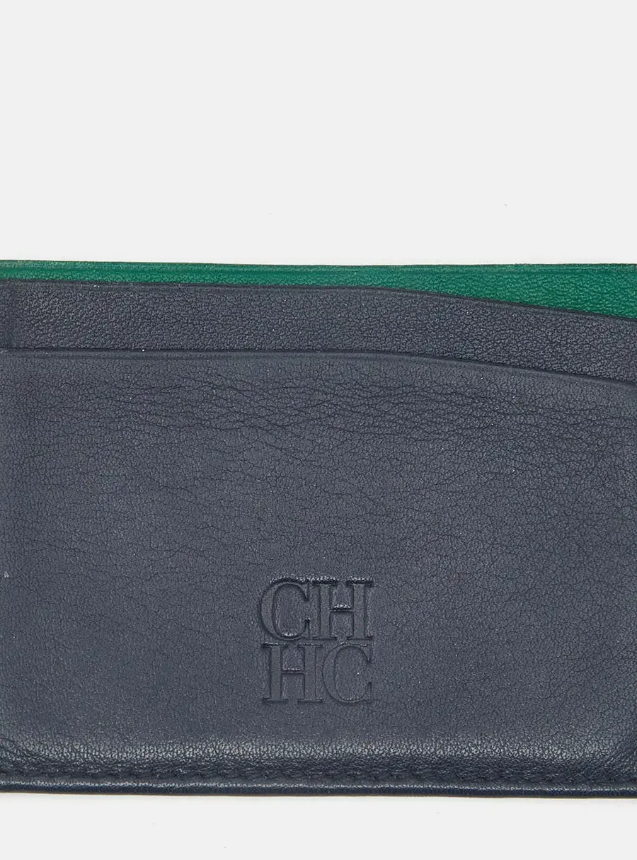 Carolina Herrera Navy Blue/Green Leather Card Holder