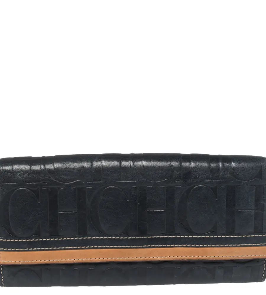 Carolina Herrera Blue/Tan Embossed Leather Flap Wallet