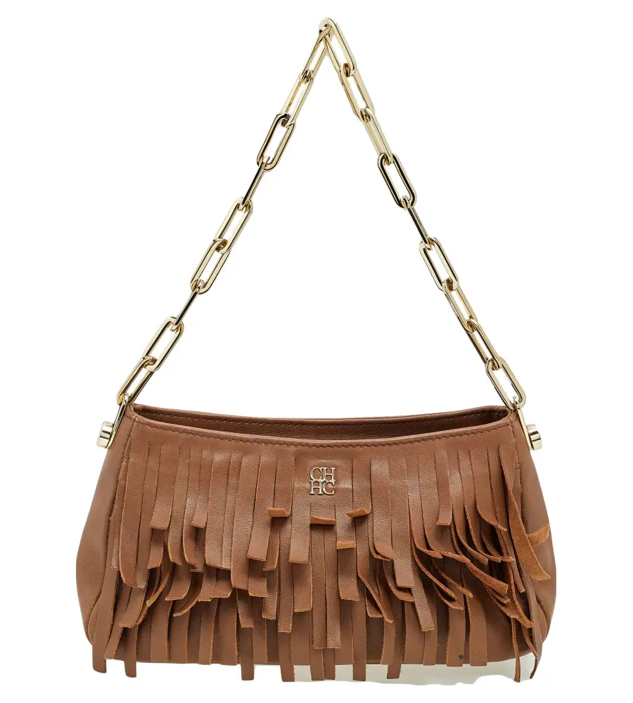 Carolina Hererra Brown Leather Fringe Chain Shoulder Bag
