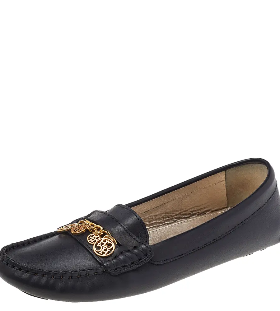CH Carolina Herrera Black Leather Logo Charm Detail Slip On Loafers Size 39