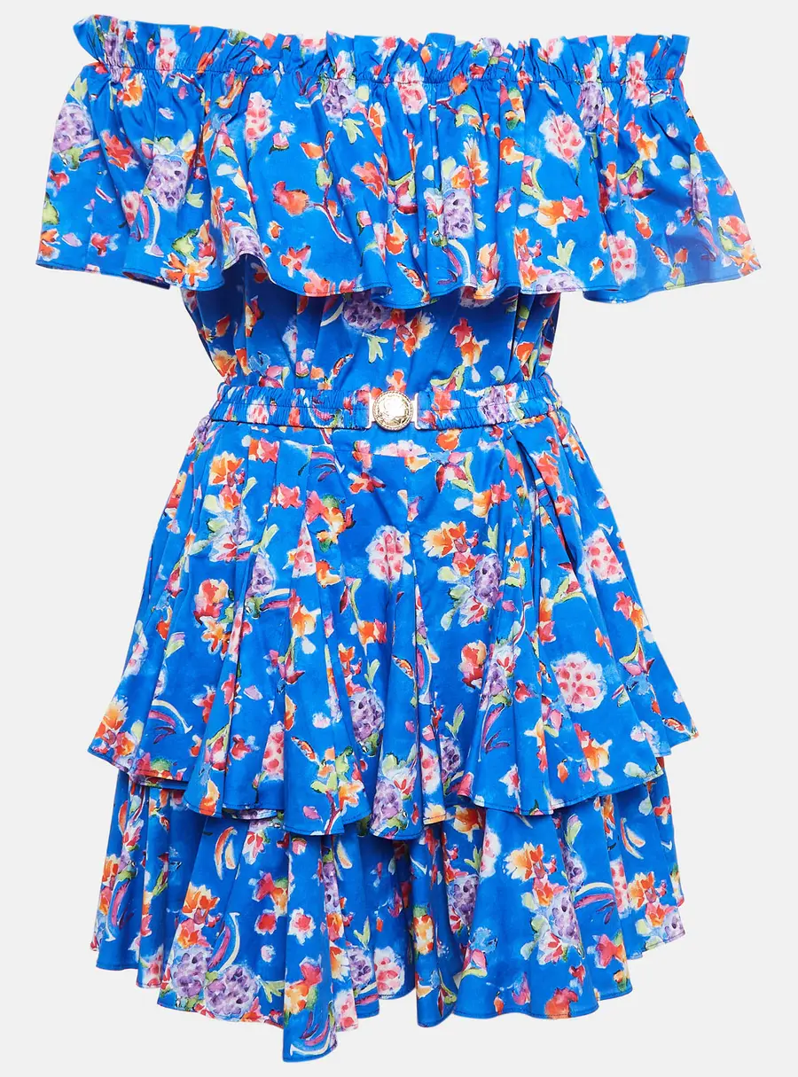 Caroline Constas Blue Printed Cotton Blend Ruffled Mini Dress M