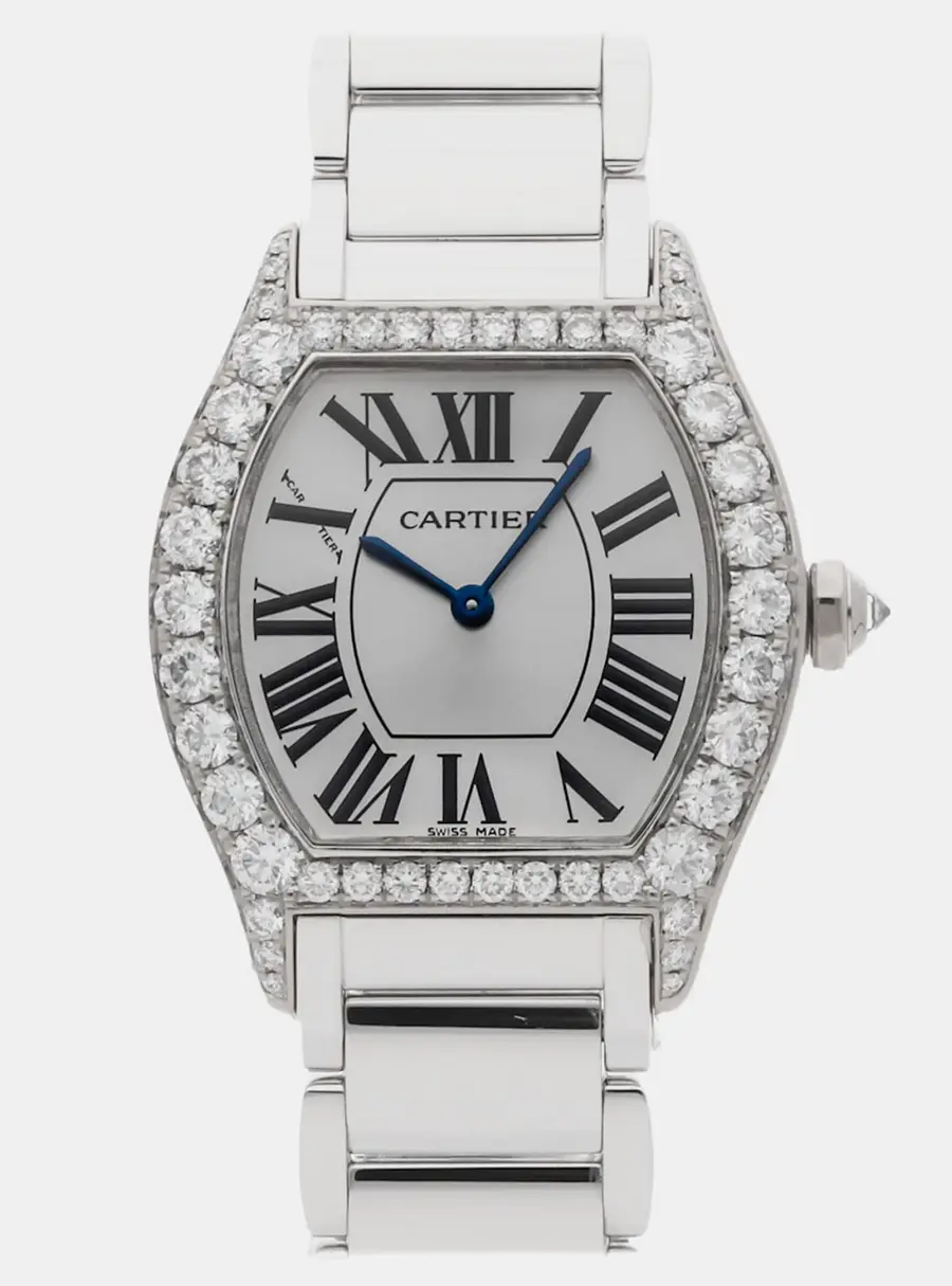 Cartier Tortue WA5072W9 Silver 18K White Gold Diamond Manual Winding Women's Wristwatch 34MM