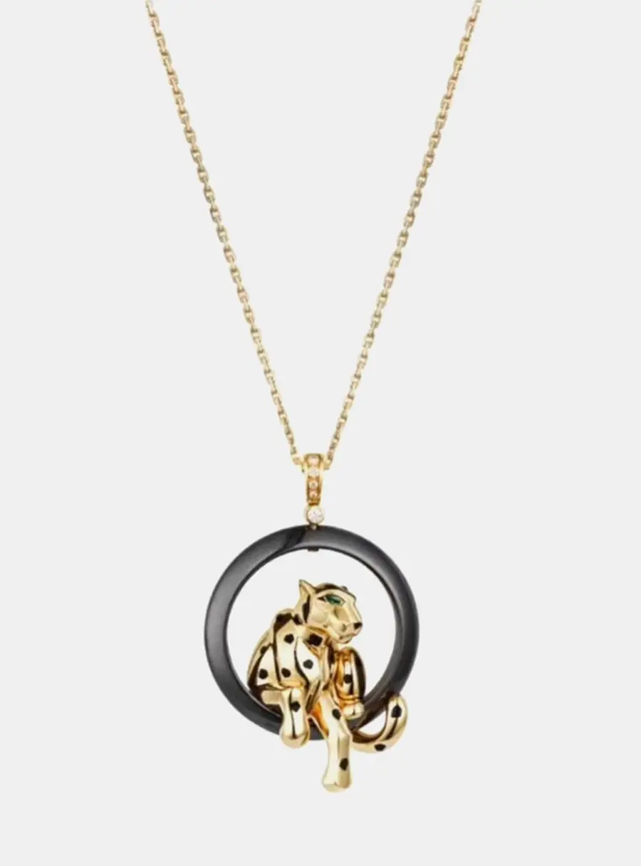 Cartier Panthere De Cartier 18k Yellow Gold Diamond Black Ceramic Bezel Tsavorite Garnet Necklace