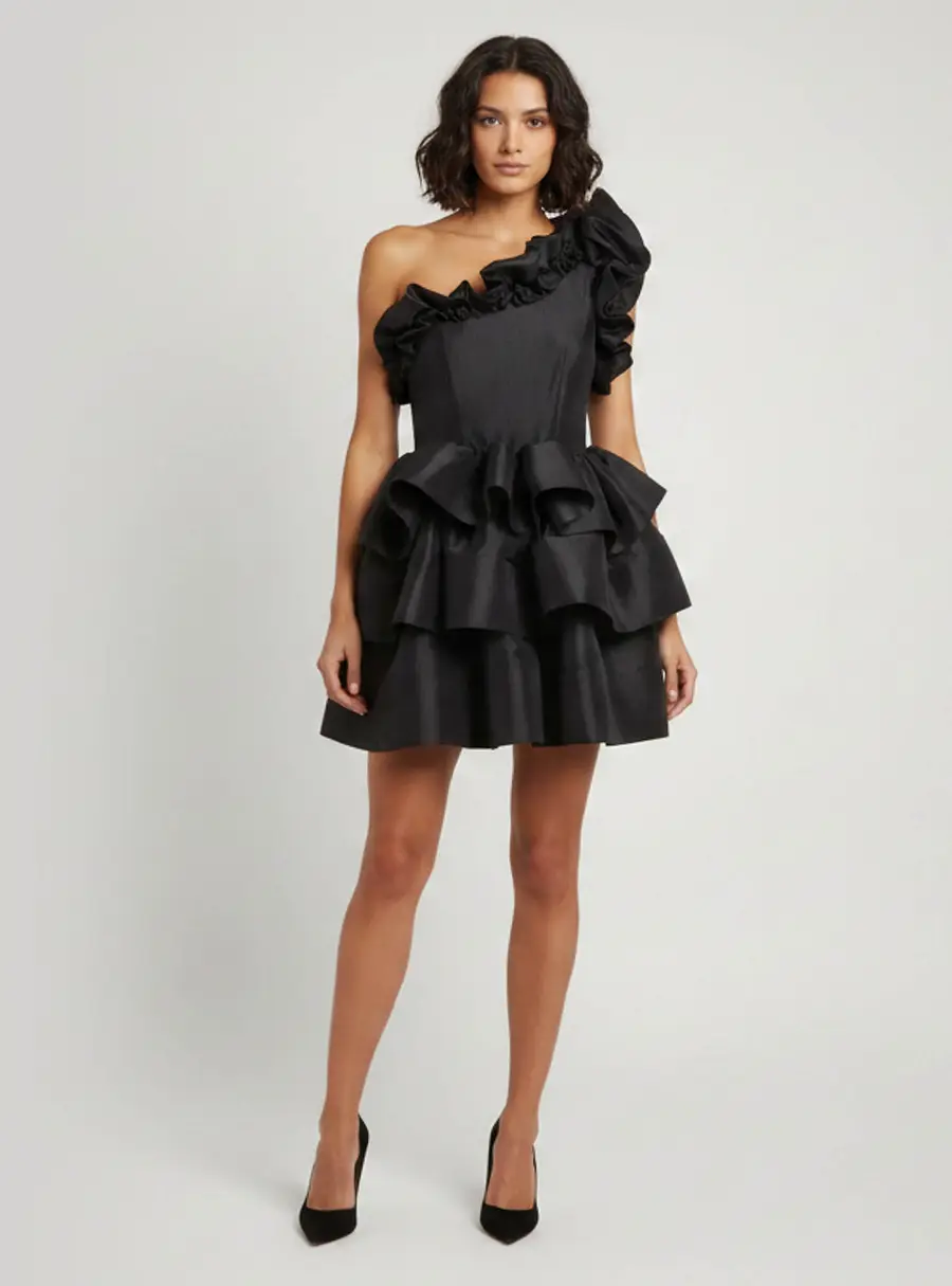 Celia B Black Poplin One Shoulder Ruffle Baltic Mini Dress M